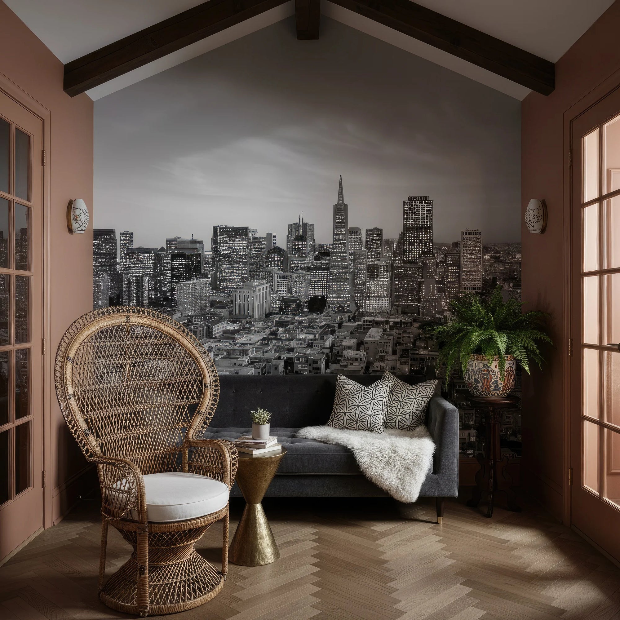 Quiet Hours city skyline wallpaper mural on living room accent wall with monochrome urban nightscape