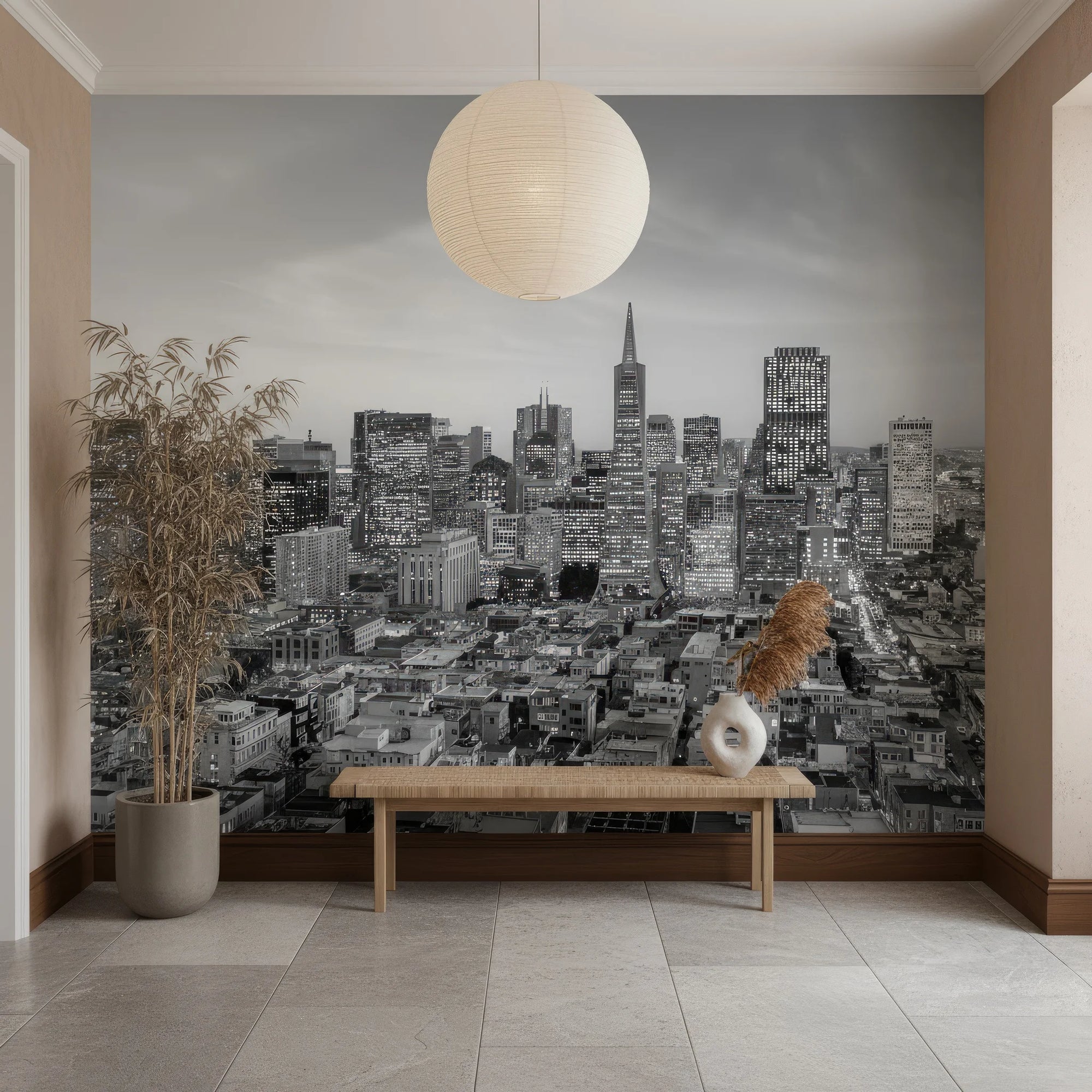 Black and white San Francisco cityscape Quiet Hours peel and stick wallpaper in modern entryway