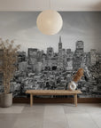 Black and white San Francisco cityscape Quiet Hours peel and stick wallpaper in modern entryway
