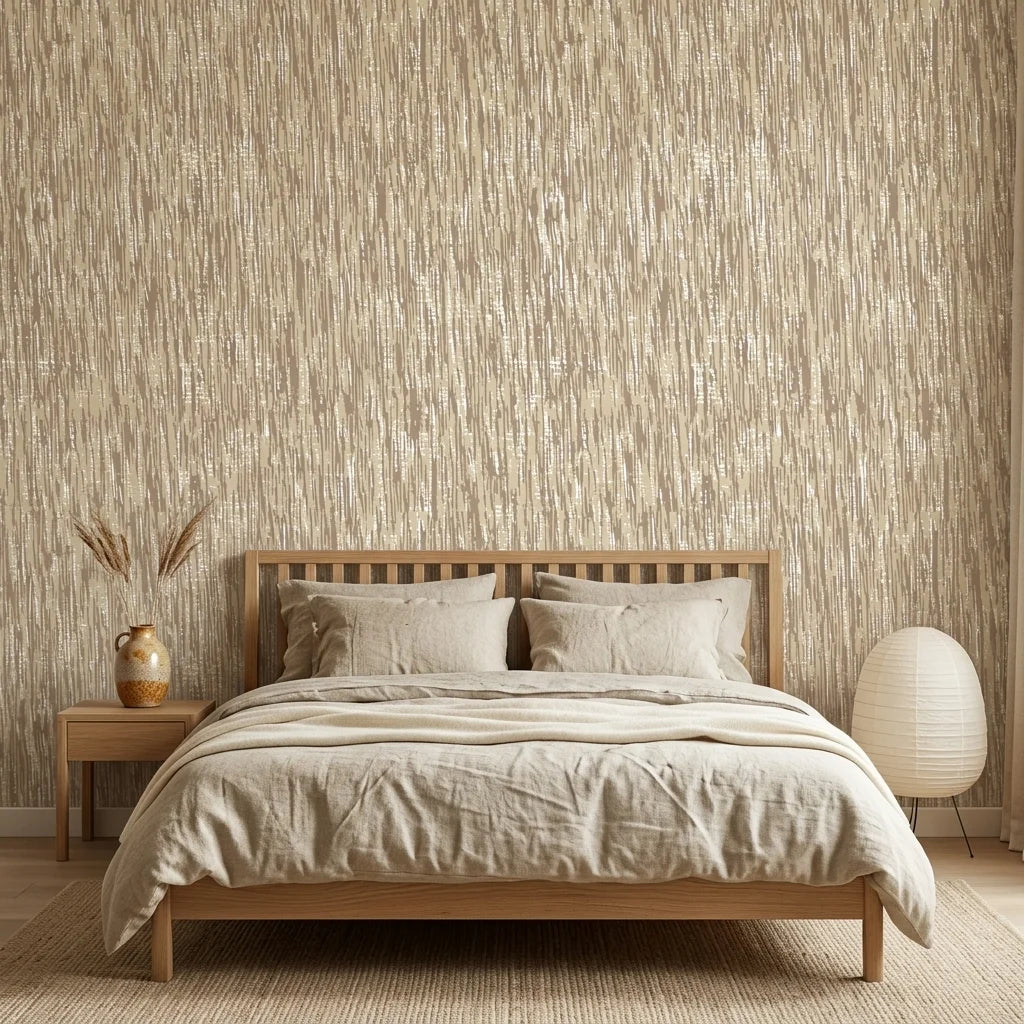 Quiet Rain neutral abstract texture wallpaper adding character to a cozy bedroom