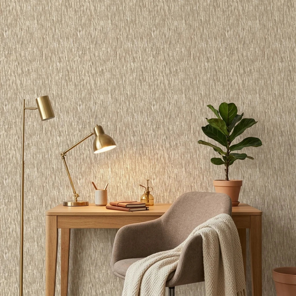 Quiet Rain neutral abstract texture wallpaper as a feature wall in a bright home office