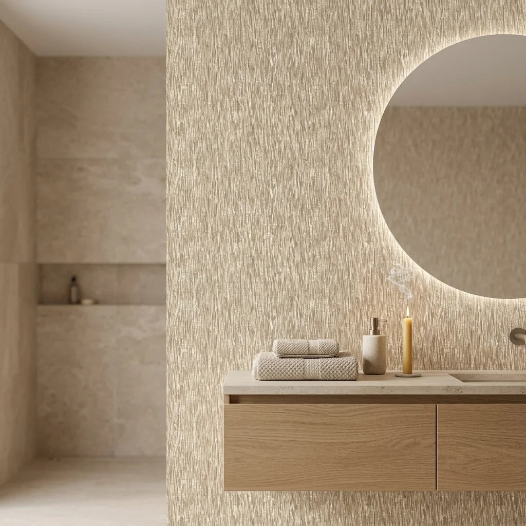 Quiet Rain neutral abstract texture wallpaper creating ambiance in a serene bathroom