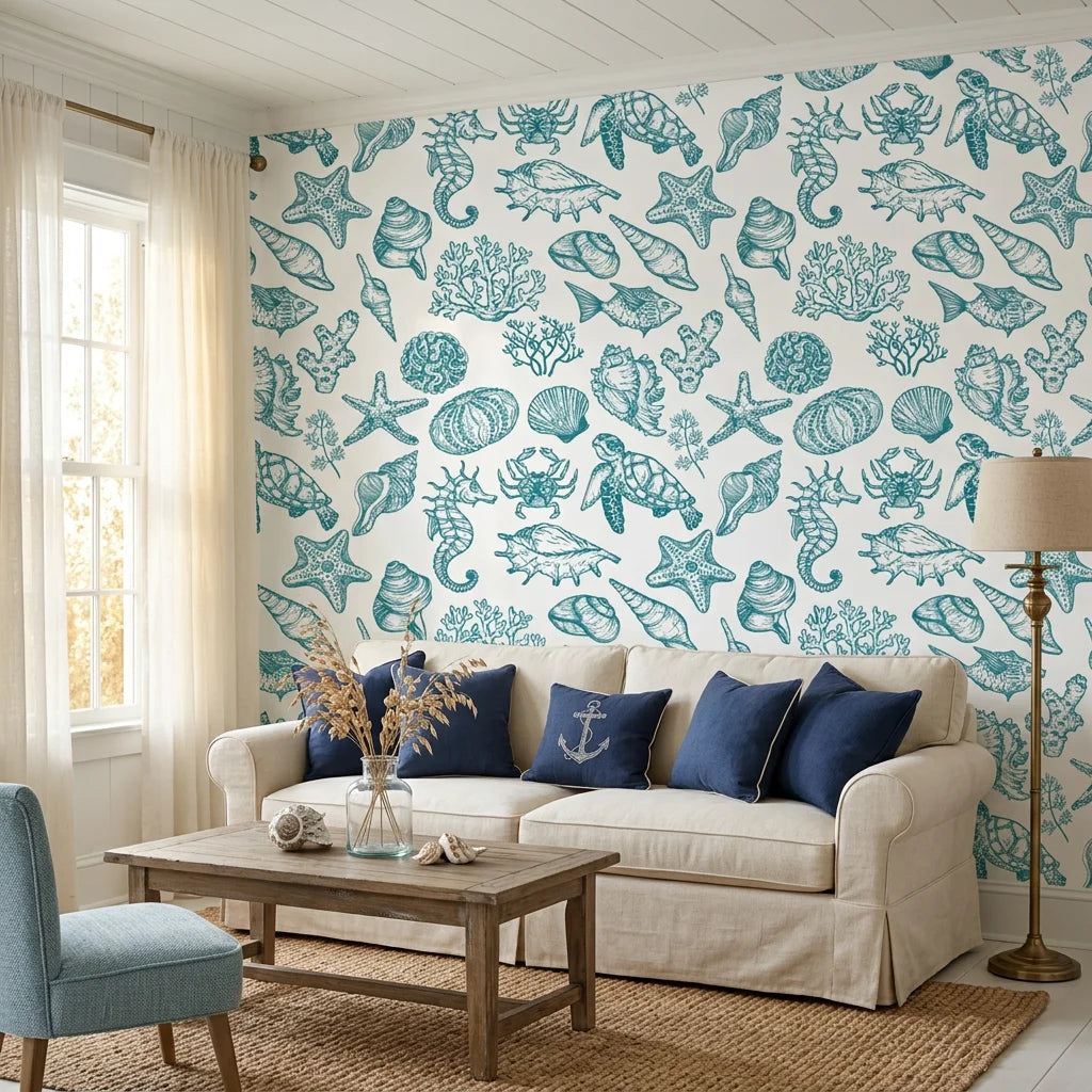 Quiet Reef coastal teal sea life in a warm and inviting living room