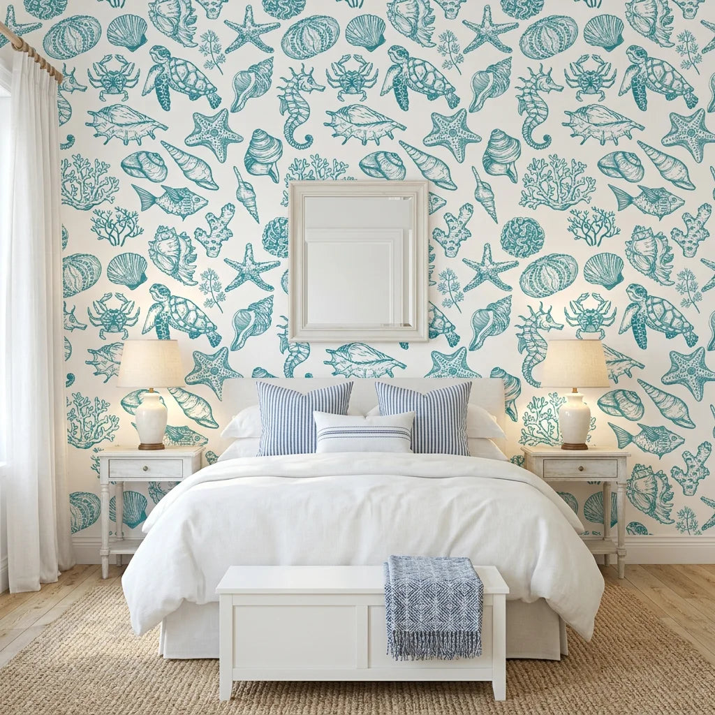 Quiet Reef coastal teal sea life adding character to a cozy bedroom
