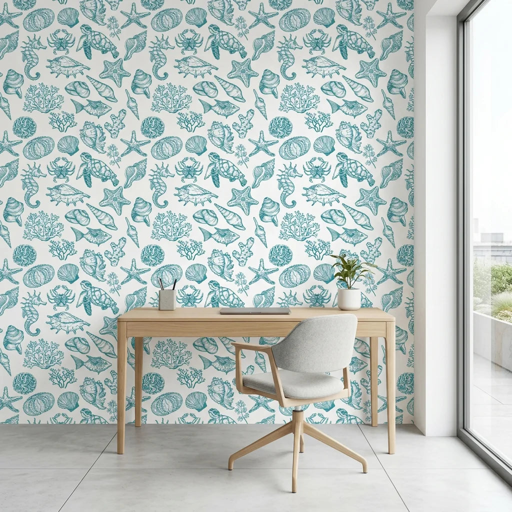 Quiet Reef coastal teal sea life as a feature wall in a bright home office