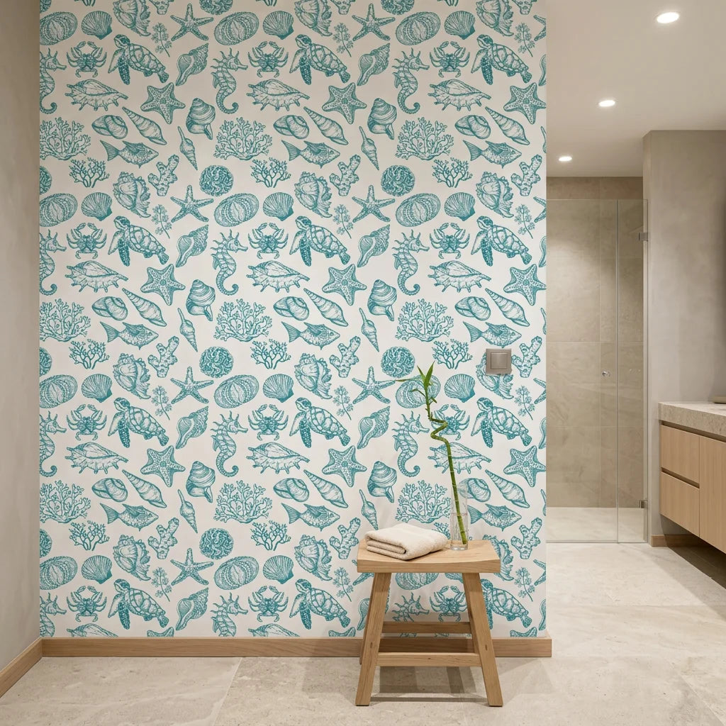 Quiet Reef coastal teal sea life creating ambiance in a serene bathroom