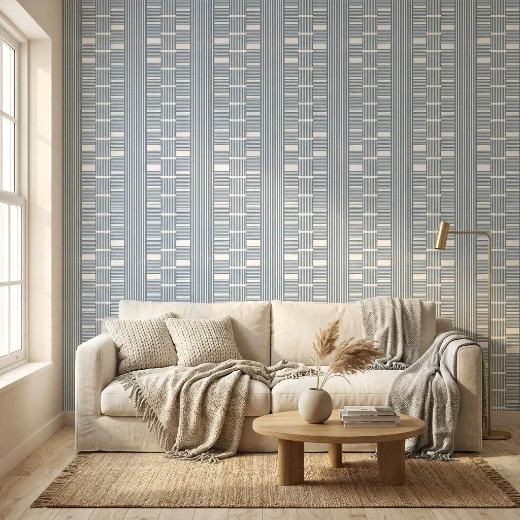 Quiet Room blue geometric peel and stick wallpaper in a warm and inviting living room