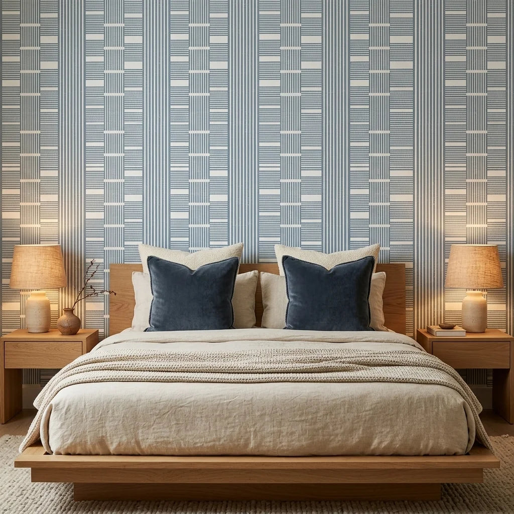 Quiet Room blue geometric peel and stick wallpaper adding character to a cozy bedroom