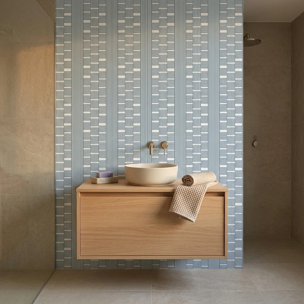 Quiet Room blue geometric peel and stick wallpaper creating ambiance in a serene bathroom