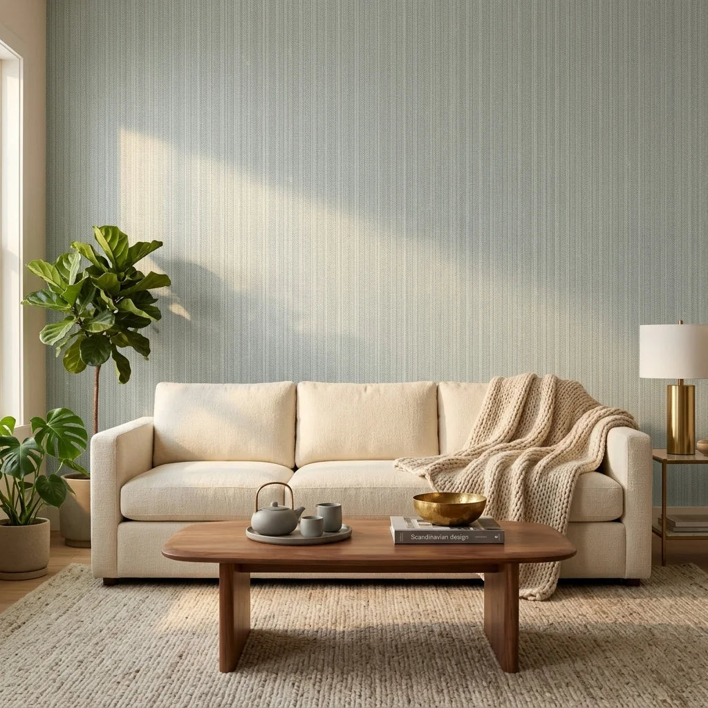 Quiet Shore serene blue abstract wallpaper in a warm and inviting living room