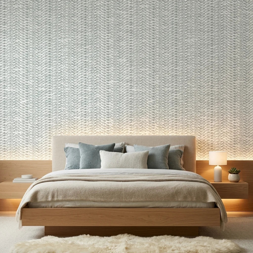 Quiet Shore serene blue abstract wallpaper adding character to a cozy bedroom