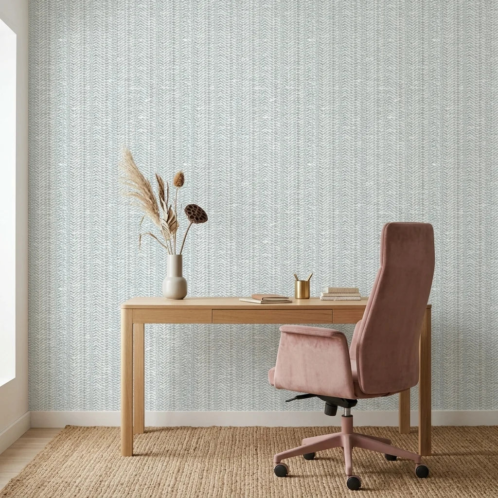 Quiet Shore serene blue abstract wallpaper as a feature wall in a bright home office