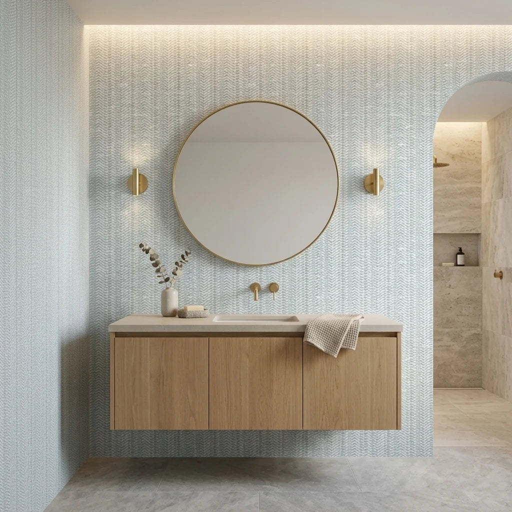 Quiet Shore serene blue abstract wallpaper creating ambiance in a serene bathroom