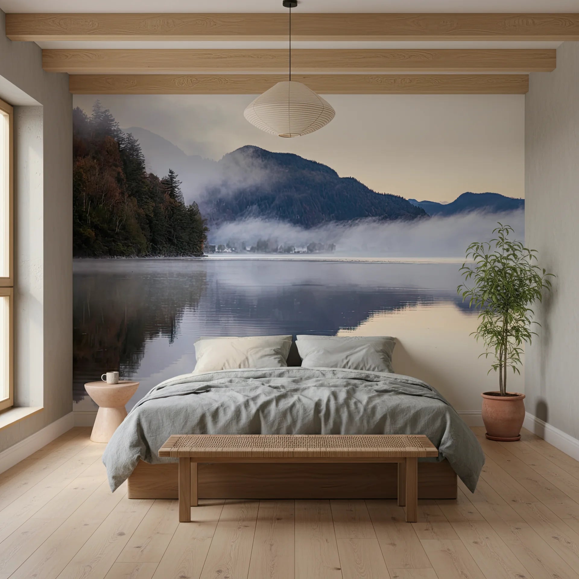 Soft veil of mist or fog over quiet landscape removable wallpaper