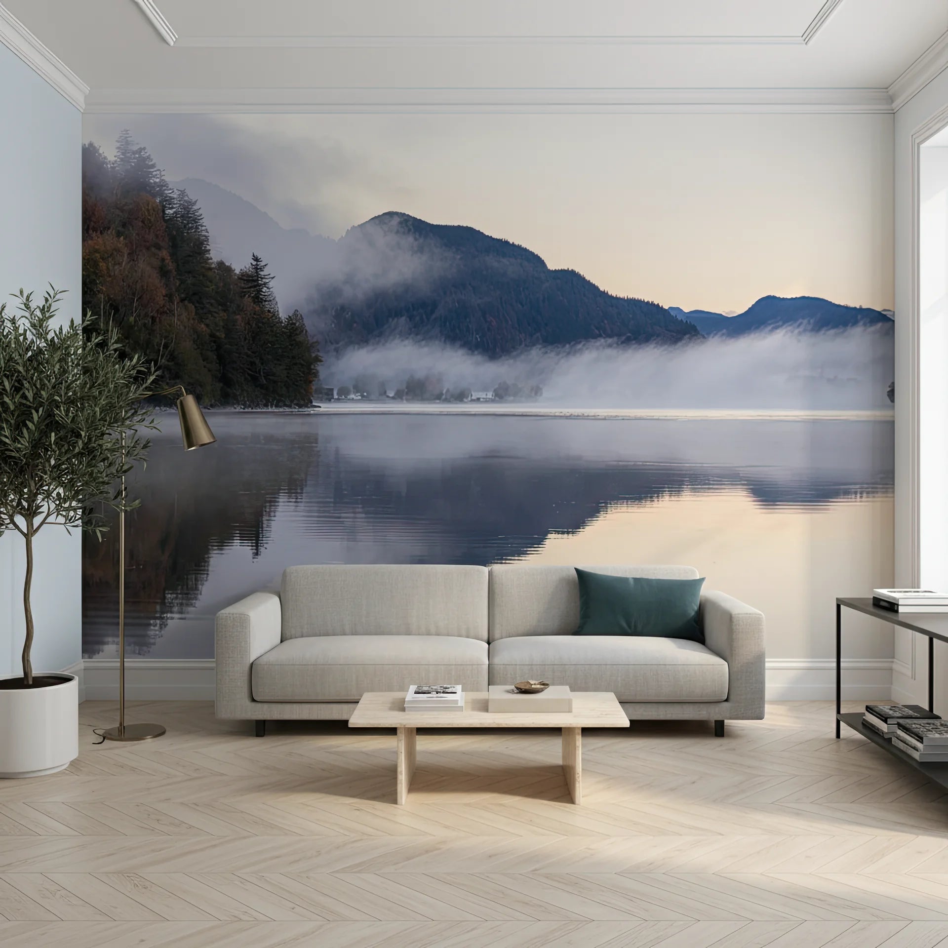 Peaceful serene landscape veiled in soft mist peel and stick