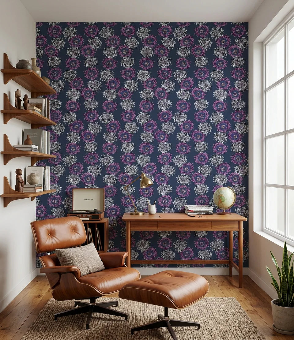 Radian Surge festive firework wallpaper as a feature wall in a bright home office