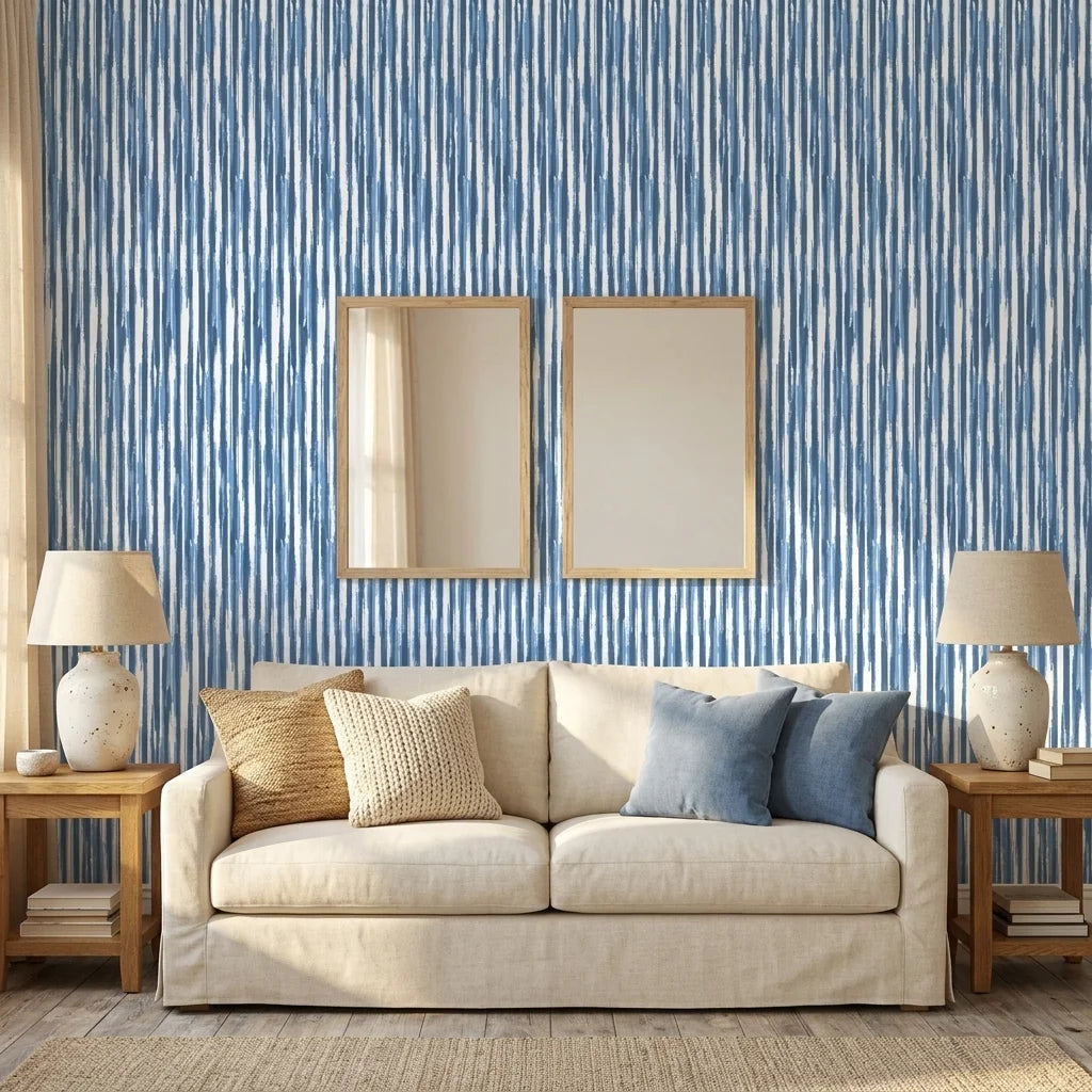 Rain Season coastal blue striped wallpaper in a warm and inviting living room
