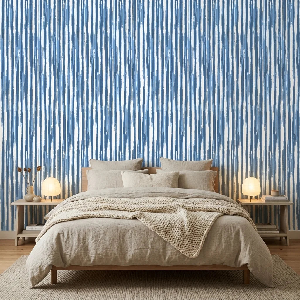 Rain Season coastal blue striped wallpaper adding character to a cozy bedroom