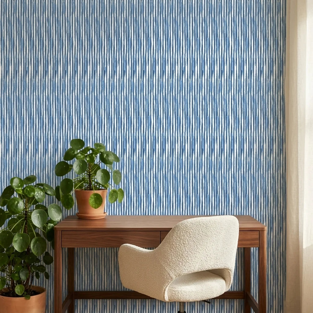 Rain Season coastal blue striped wallpaper as a feature wall in a bright home office