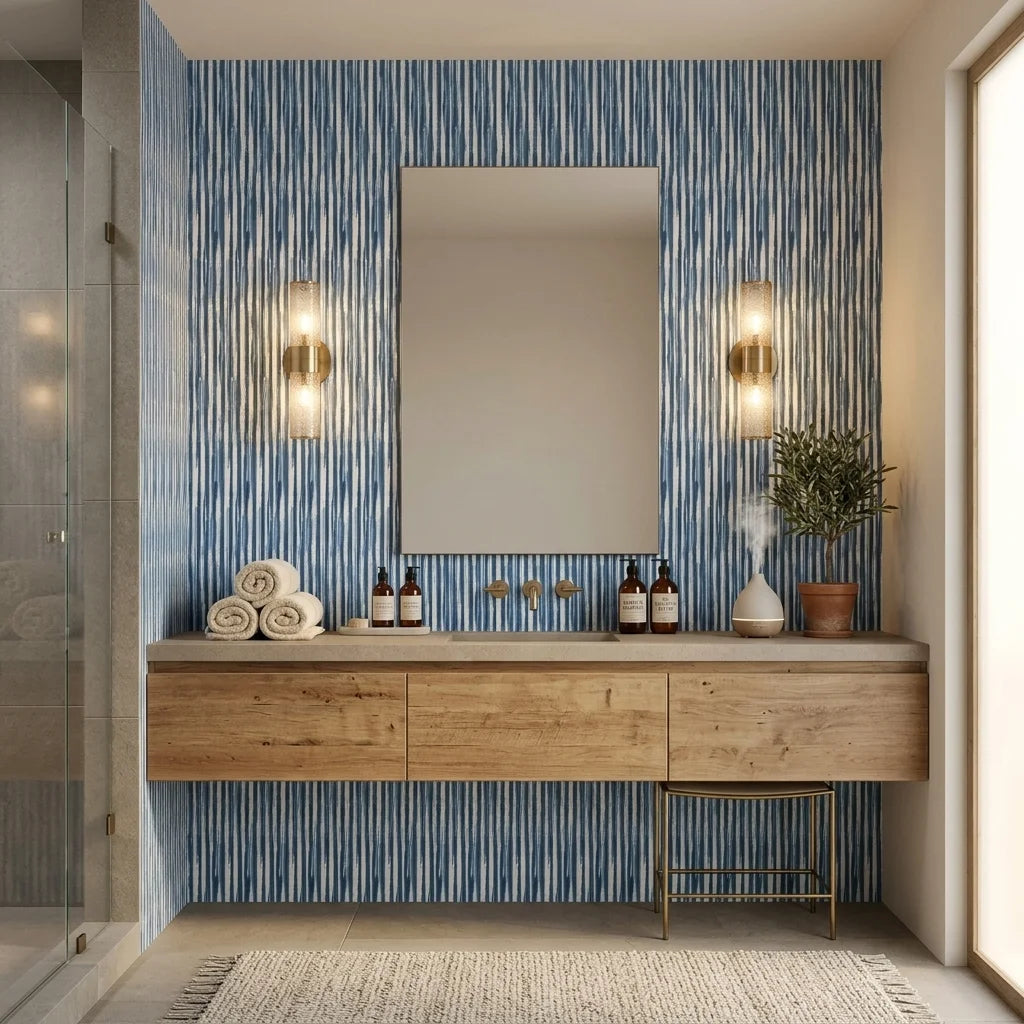 Rain Season coastal blue striped wallpaper creating ambiance in a serene bathroom