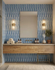Rain Season coastal blue striped wallpaper creating ambiance in a serene bathroom