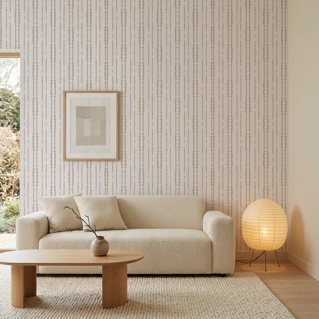 Rain Veil soft taupe vertical stripe wallpaper in a warm and inviting living room
