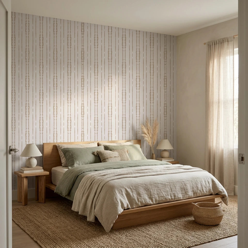 Rain Veil soft taupe vertical stripe wallpaper adding character to a cozy bedroom