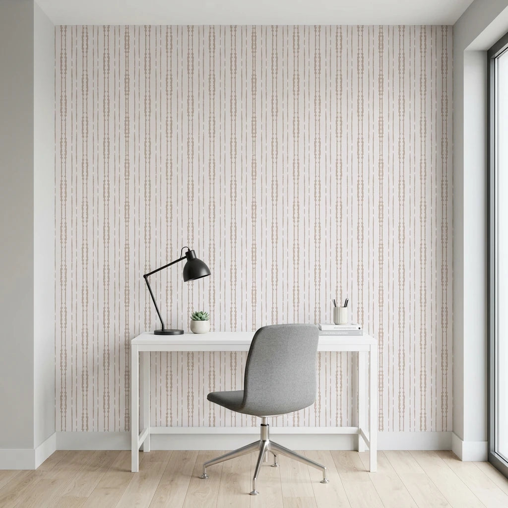 Rain Veil soft taupe vertical stripe wallpaper as a feature wall in a bright home office
