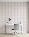 Rain Veil soft taupe vertical stripe wallpaper as a feature wall in a bright home office