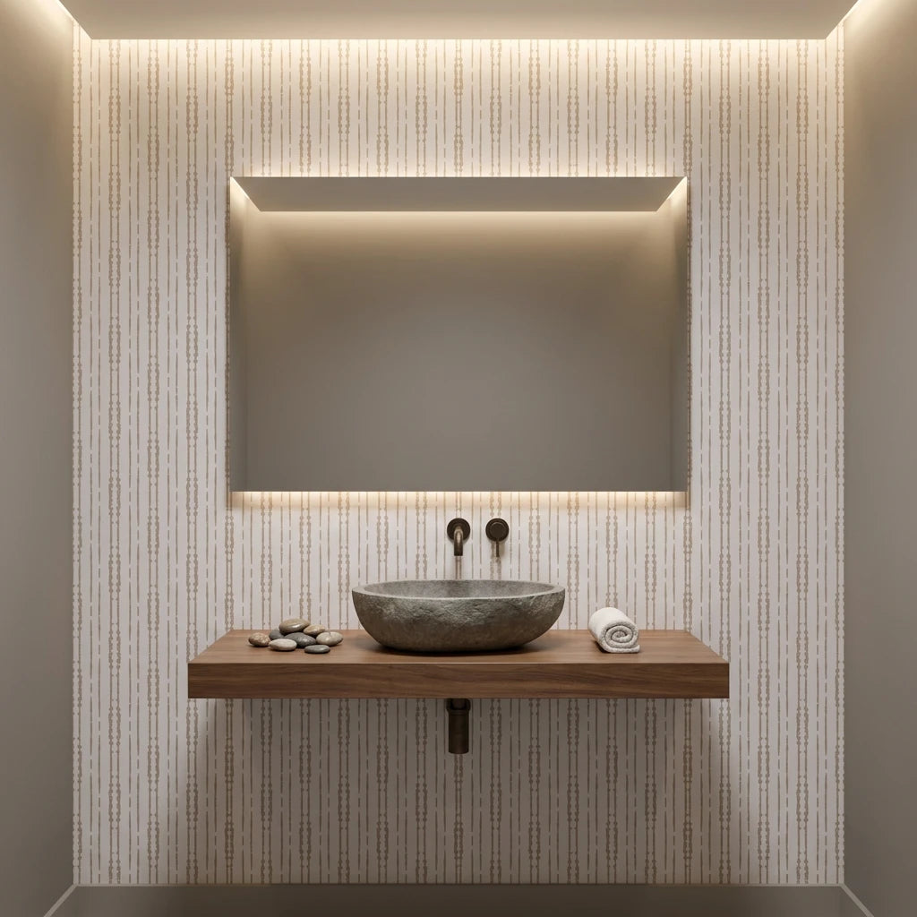 Rain Veil soft taupe vertical stripe wallpaper creating ambiance in a serene bathroom