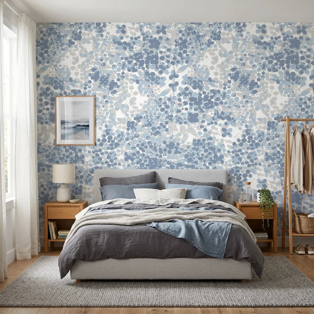 Rain On Cobblestone serene blue floral wallpaper in a warm and inviting living room