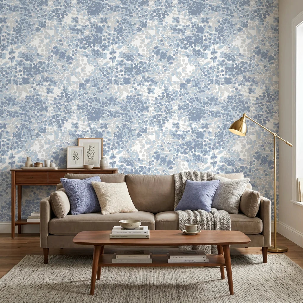 Rain On Cobblestone serene blue floral wallpaper adding character to a cozy bedroom