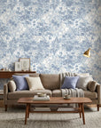 Rain On Cobblestone serene blue floral wallpaper adding character to a cozy bedroom