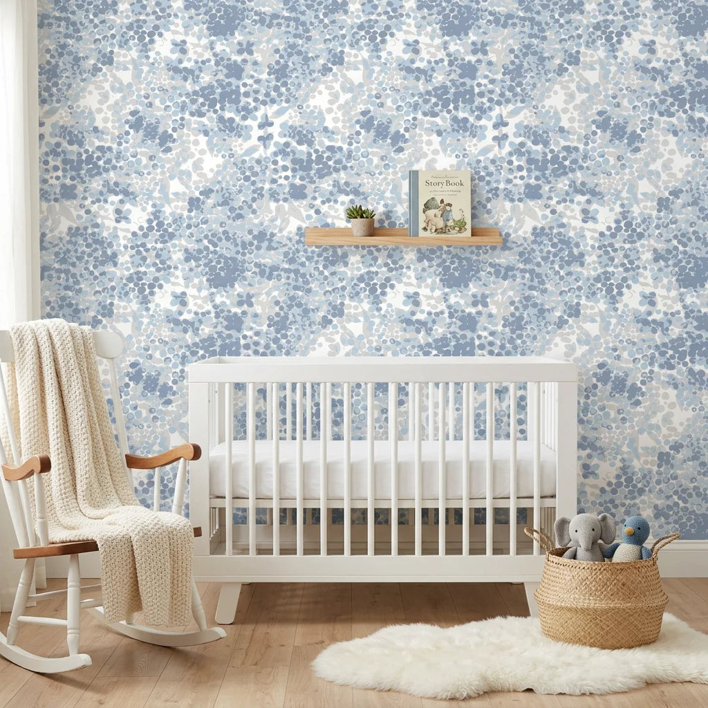 Rain On Cobblestone serene blue floral wallpaper as a feature wall in a bright home office