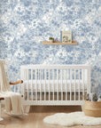 Rain On Cobblestone serene blue floral wallpaper as a feature wall in a bright home office