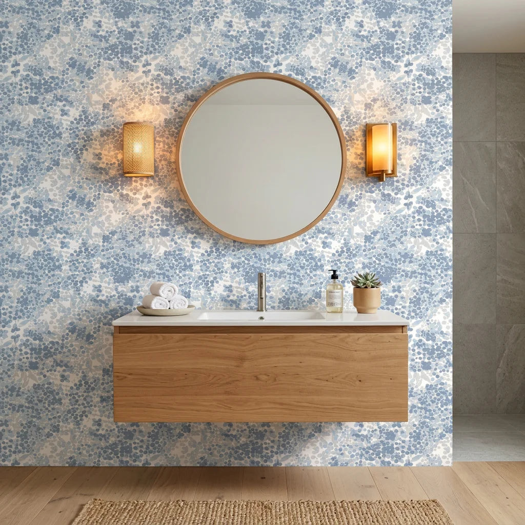 Rain On Cobblestone serene blue floral wallpaper creating ambiance in a serene bathroom