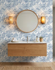 Rain On Cobblestone serene blue floral wallpaper creating ambiance in a serene bathroom