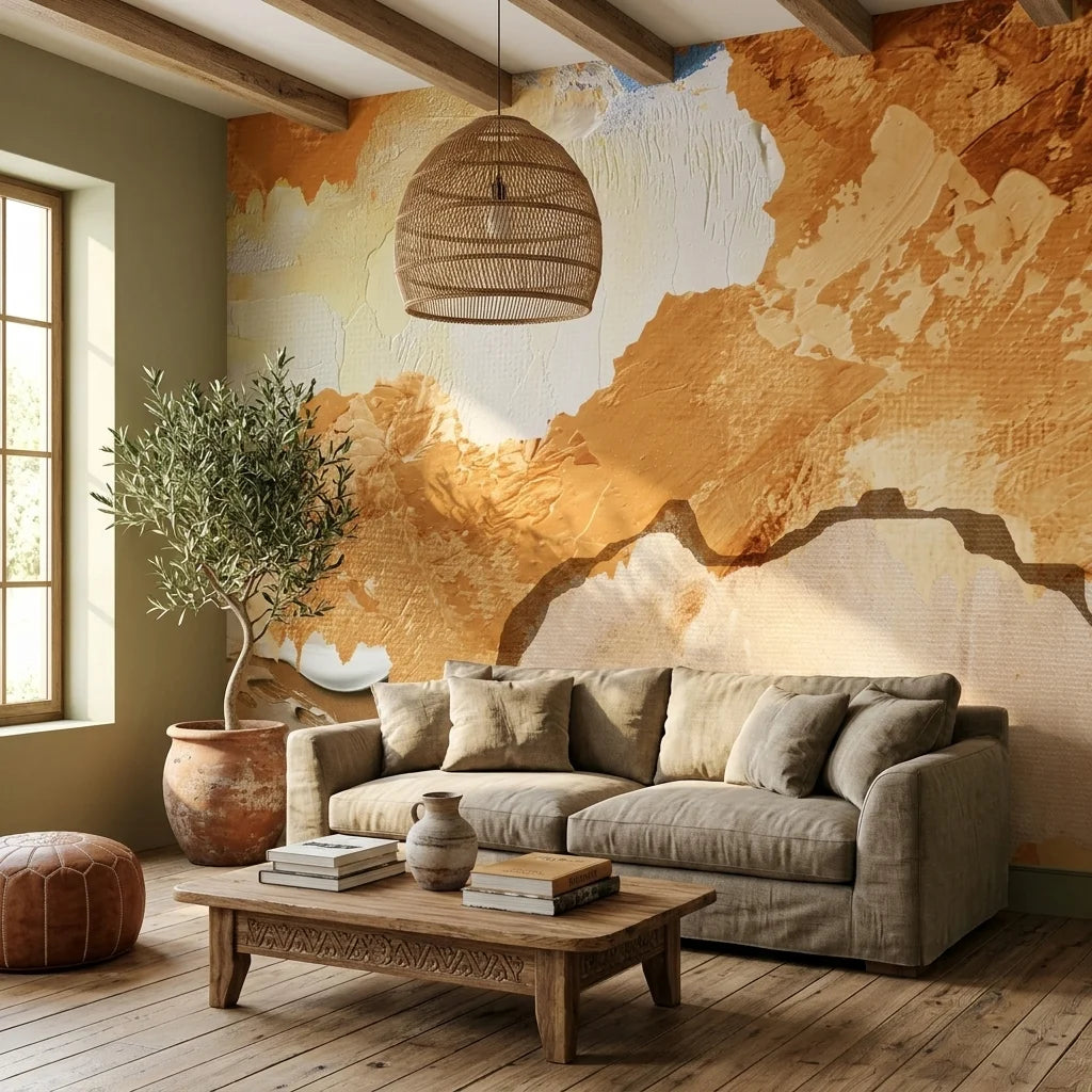 Textured warm ochre sienna abstract painterly peel and stick wallpaper - Raw Earth