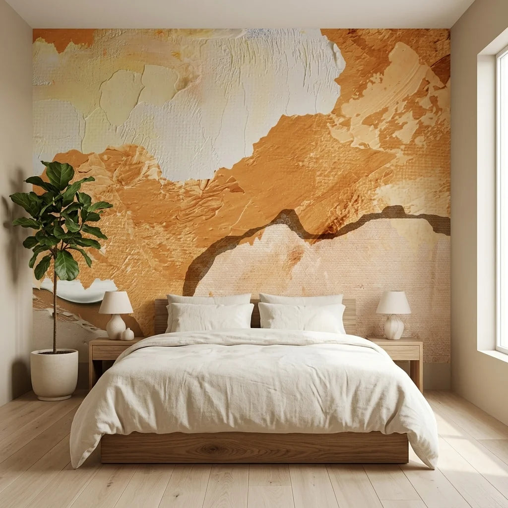 Raw Earth warm ochre textured abstract wallpaper in a warm and inviting living room