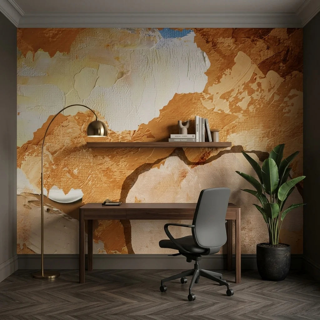 Raw Earth warm ochre textured abstract wallpaper adding character to a cozy bedroom
