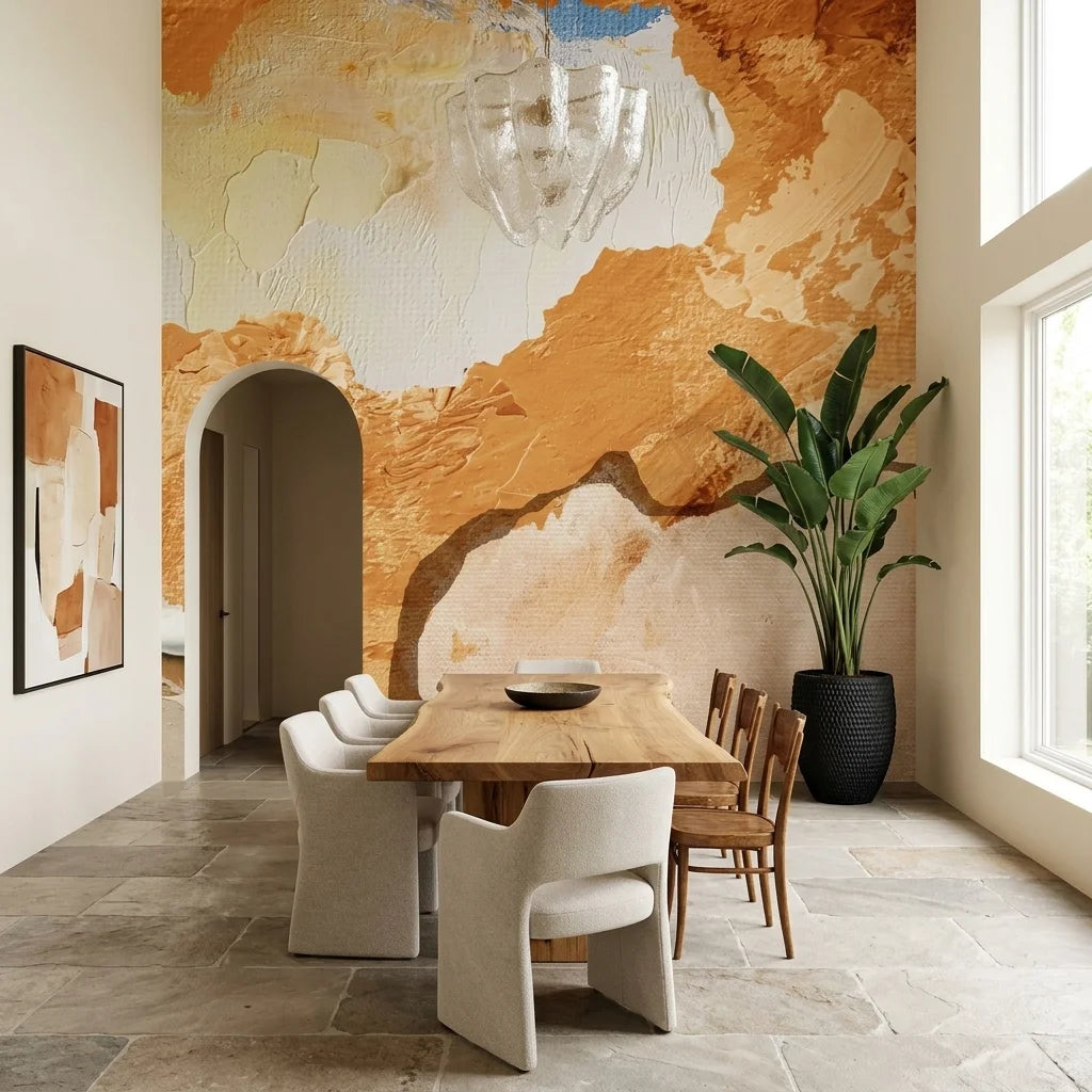 Raw Earth warm ochre textured abstract wallpaper as a feature wall in a bright home office