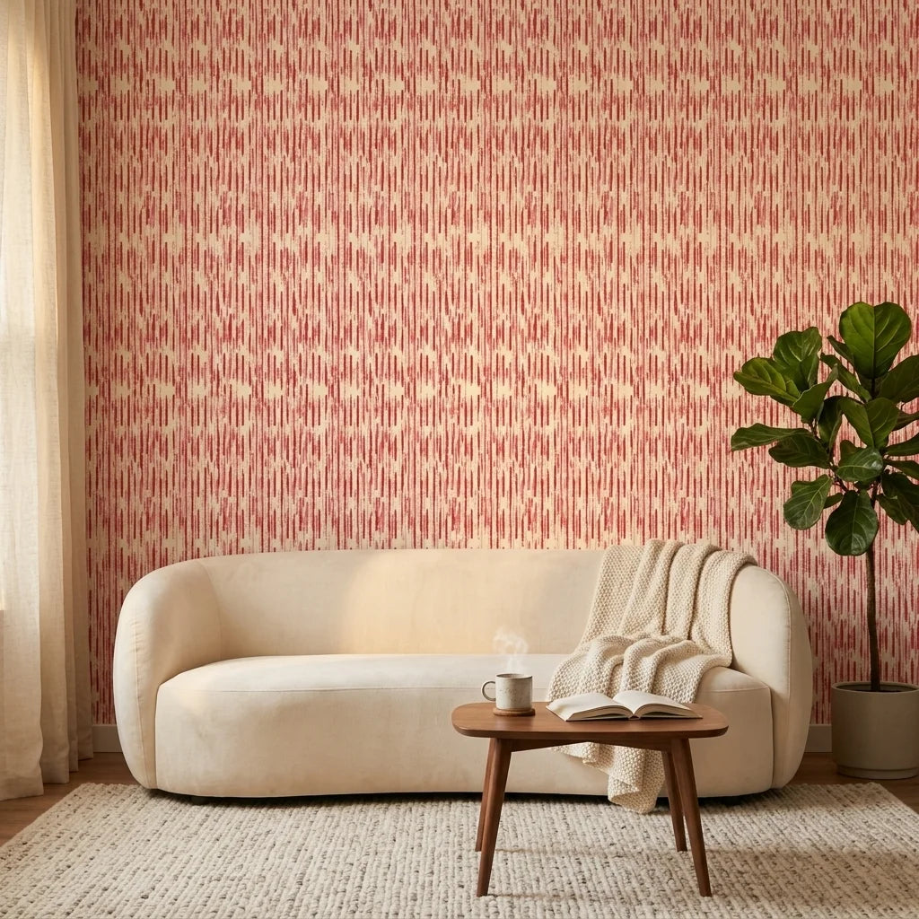 Red Rain textured pink and red vertical stripe wallpaper in a warm and inviting living room