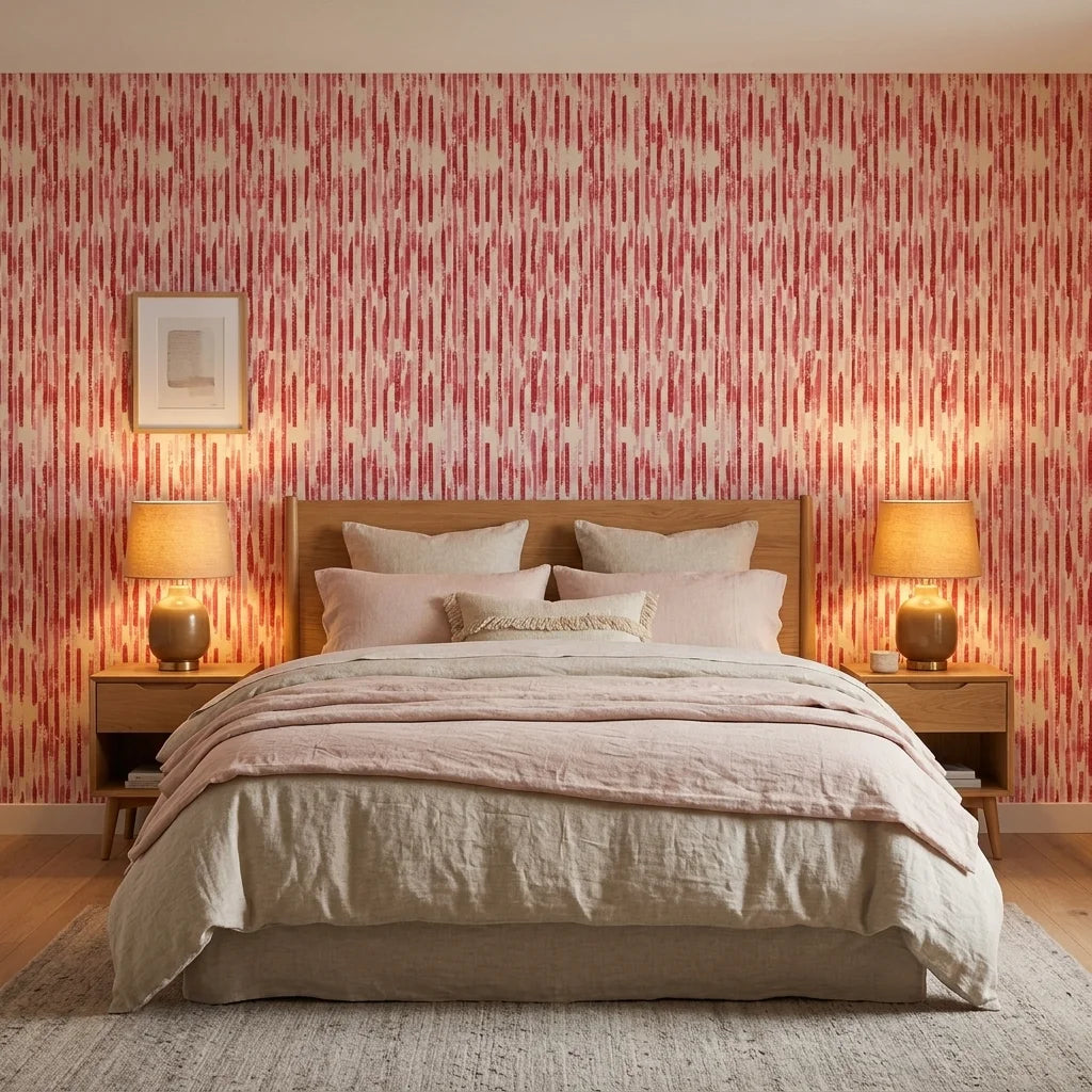Red Rain textured pink and red vertical stripe wallpaper adding character to a cozy bedroom