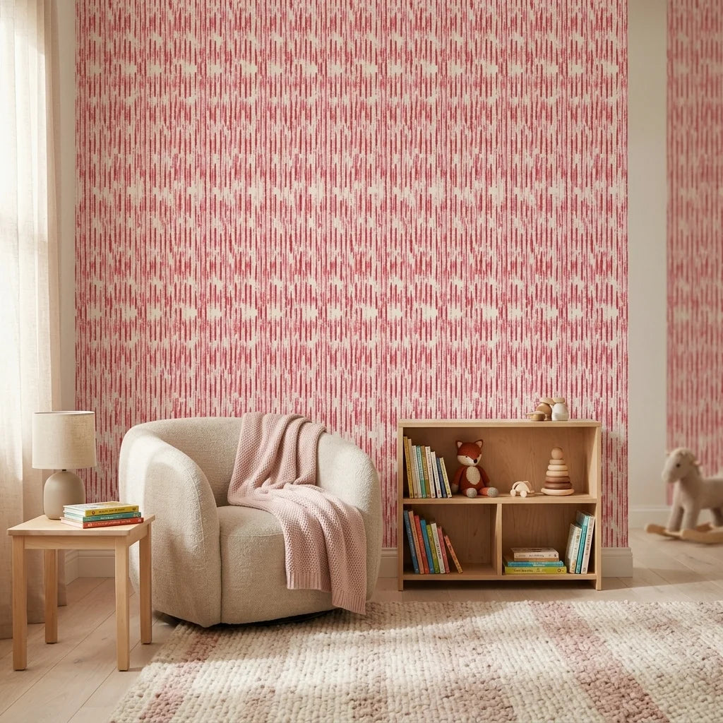 Red Rain textured pink and red vertical stripe wallpaper as a feature wall in a bright home office