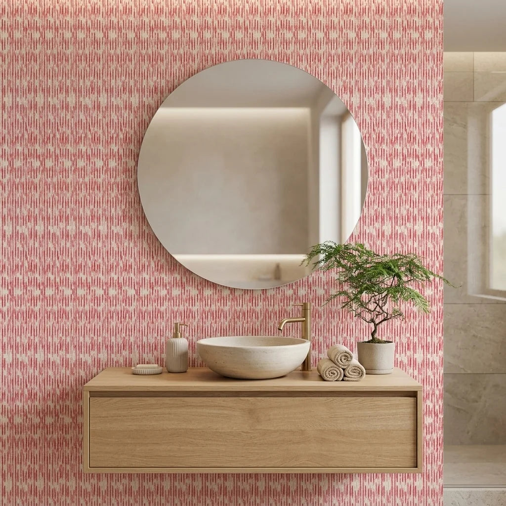 Red Rain textured pink and red vertical stripe wallpaper creating ambiance in a serene bathroom