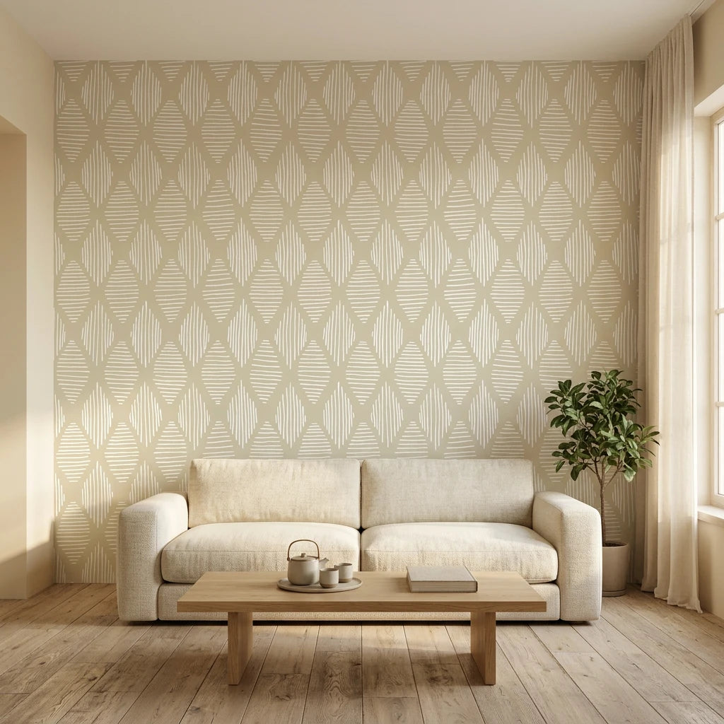 Reed &amp; Smoke sage diamond line wallpaper in a warm and inviting living room