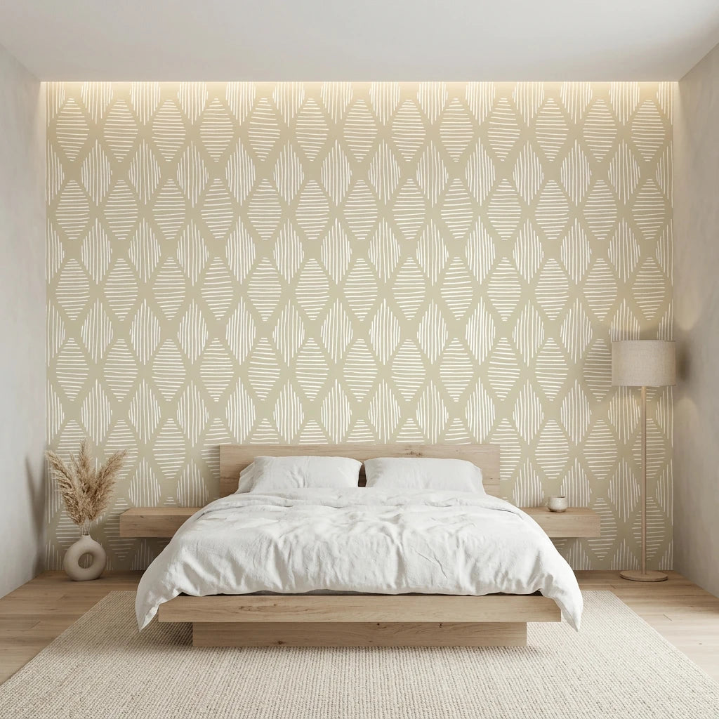 Reed &amp; Smoke sage diamond line wallpaper adding character to a cozy bedroom