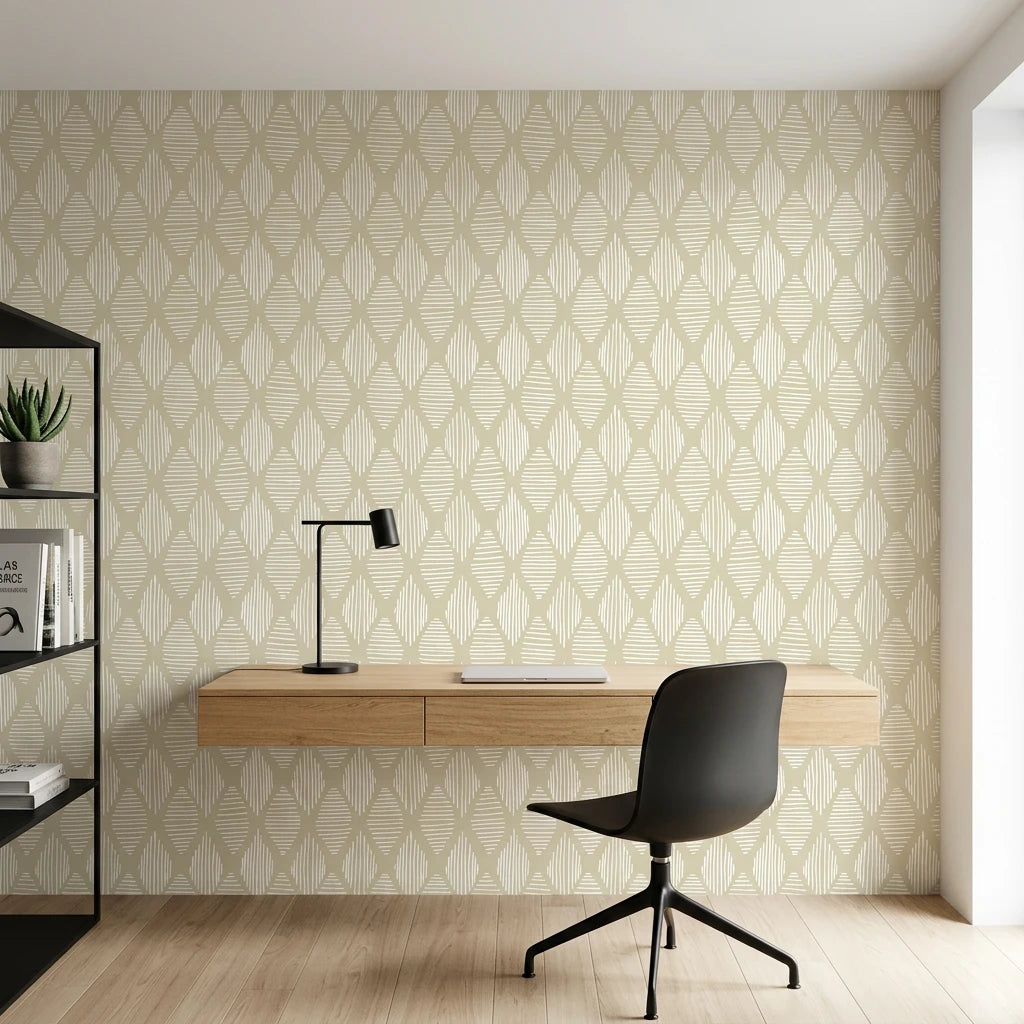 Reed &amp; Smoke sage diamond line wallpaper as a feature wall in a bright home office
