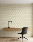 Reed & Smoke sage diamond line wallpaper as a feature wall in a bright home office