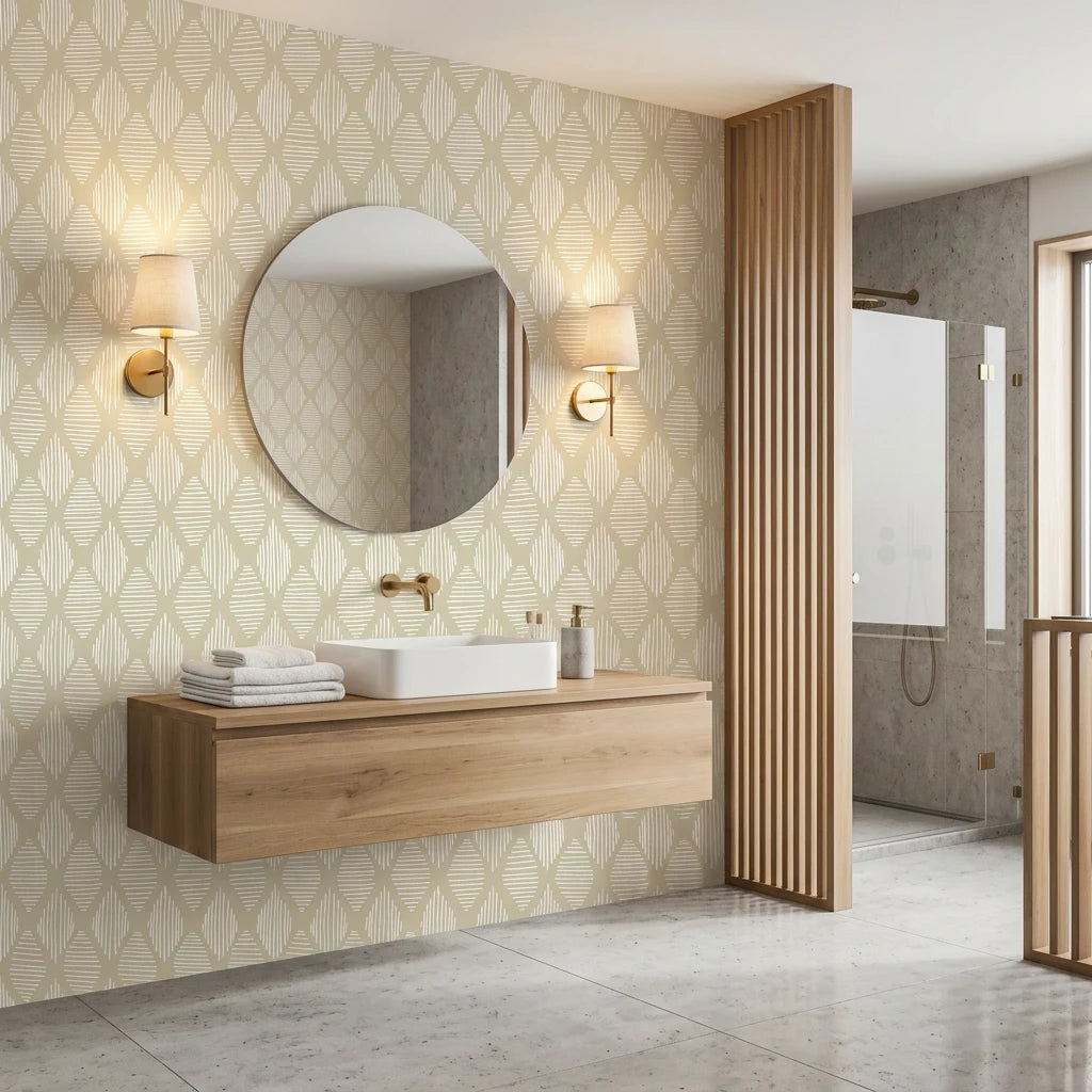 Reed &amp; Smoke sage diamond line wallpaper creating ambiance in a serene bathroom